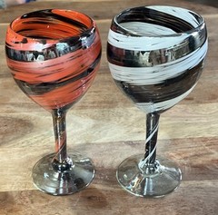 Hand Blown Wine Glass Swirl White & Orange Spiral 7.5″ Tall Art Glass Set X 2