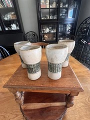 Vintage 4 Stoneware UCTCI Pottery Tumblers 3-D Baby Face Made in Japan 5″ tall
