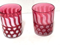 ANTIQUE 1890S BEAUMONT CRANBERRY OPALESCENT STAIRS & STRIPES TUMBLERS