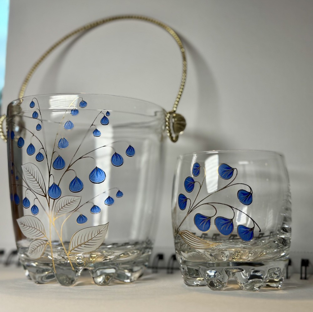 Giorgi Italy Ice Bucket And (5) Rocks Glasses Hand Painted Blue Flowers MCM
