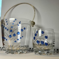 Giorgi Italy Ice Bucket And (5) Rocks Glasses Hand Painted Blue Flowers MCM