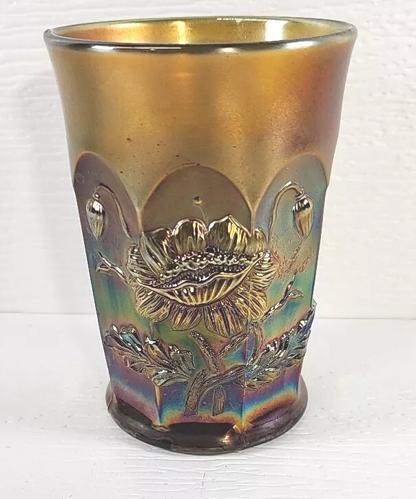 Vintage Northwood Green Carnival Glass Oriental Poppy Tumbler