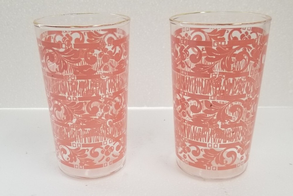 2 VINTAGE 1950’s Chantilly Pink 22K Gold rim Drinking Glasses ~Anchor Hocking