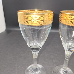 PASABAHCE 22kt Gold Rim Circle Art Glass 7″ Swirl Rim Wine Glasses x2 Turkey