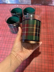 Vintage red green Plaid Tartan Set 4 glass old fashioned tumblers