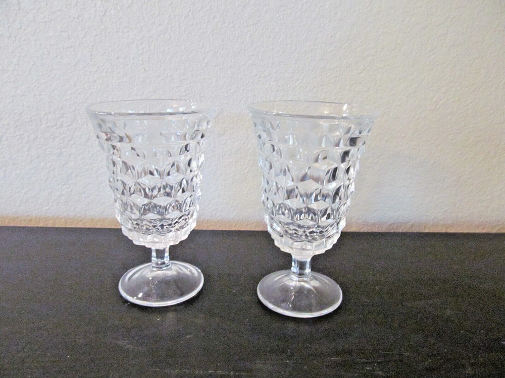 2 FOSTORIA AMERICAN GLASS 5 5/8″ LOW WATER GOBLETS 1915 TO 1982 CUBE CUT