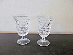 2 FOSTORIA AMERICAN GLASS 5 5/8″ LOW WATER GOBLETS 1915 TO 1982 CUBE CUT