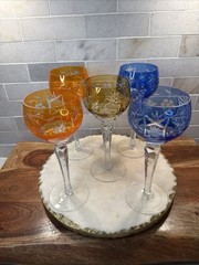 5 Nachtmann Style Cut-to-Clear Crystal Wine Hocks Goblets Blue Orange & Amber