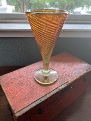 HTF Rick Strini Studios Glass Goblet-7” Iridescent Marigold Orange Swirl Twist