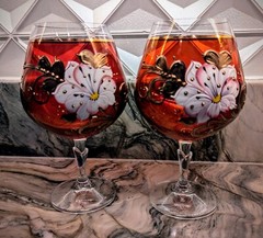 Cranberry Bohemian Glass Goblets, Hand Painted Vintage Czech Republic 1930’s