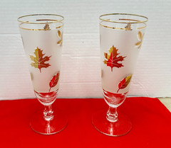 MCM Vintage Libbey Gold Leaf Autumn Pilsner Beer Glasses, Set of 2 Bar Glasses