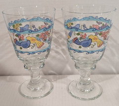 LIBBEY SUE ZIPKIN CLEAR GOBLETS 7″ SANGO SWEET SHOP BIRDS FLOWERS BEES Set of 4
