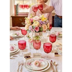 Vintage Cranberry Red Thumbprint Goblets – Mid-Century Coin Dot Glassware, set 9