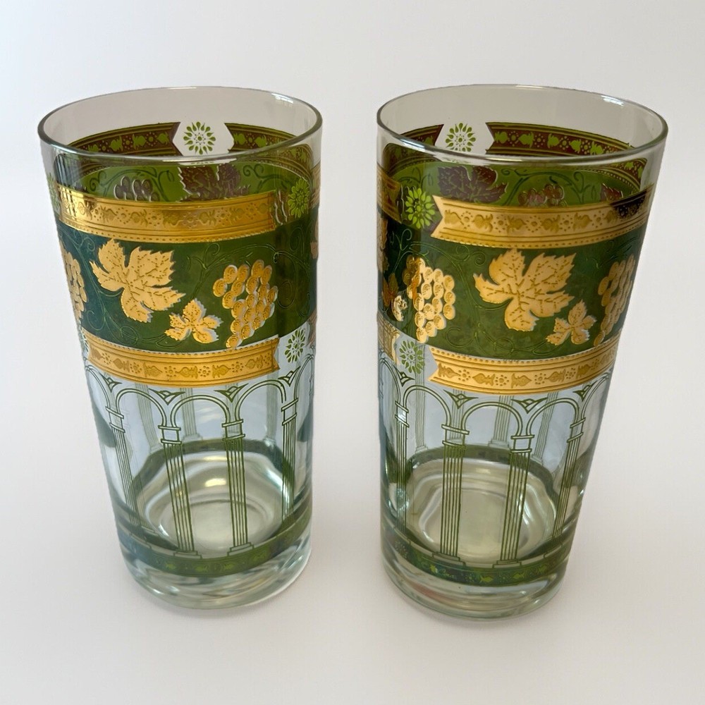 Vintage Set of 2 Cera Highball Glasses Roman Arch Grape & Leaf 22 K Gold Trim