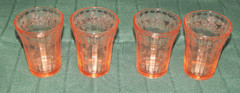 Vintage! Jeanette Glass Pink. Depression Cherry Blossom Glass 4 Piece Juice Set