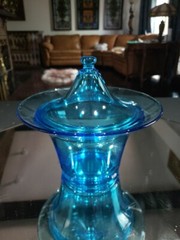 Flared Bowl CANDY DISH & LID 6″ Turquoise Aqua Blue Peacock Glass vtg UV Glow