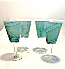 Retro Turquoise Fused Glass Heavy Goblets, Set of 4