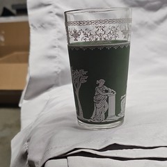 Green and White Glass Tumbler Set of 3 Classical Motif Glossy Finish