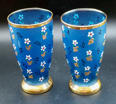 Vintage 5″ Blue Frosted Tumbler Set Hand Painted Enamel Flowers with Gold Trim