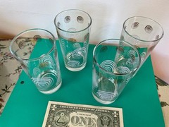 VTG MCM 4 PC BARWARE HIGH BALL GLASSES WHITE GOLD ATOMIC SWIRL ANCHOR HOCKING