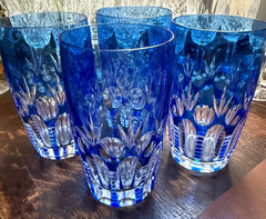 Bohemian Cobalt Blue Crystal Cased / Cut to Clear(5) Tumblers / Highball Glasses