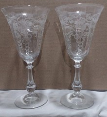 Crystal Floral Etched Goblets 7.5 Inches Tall Set Of 2