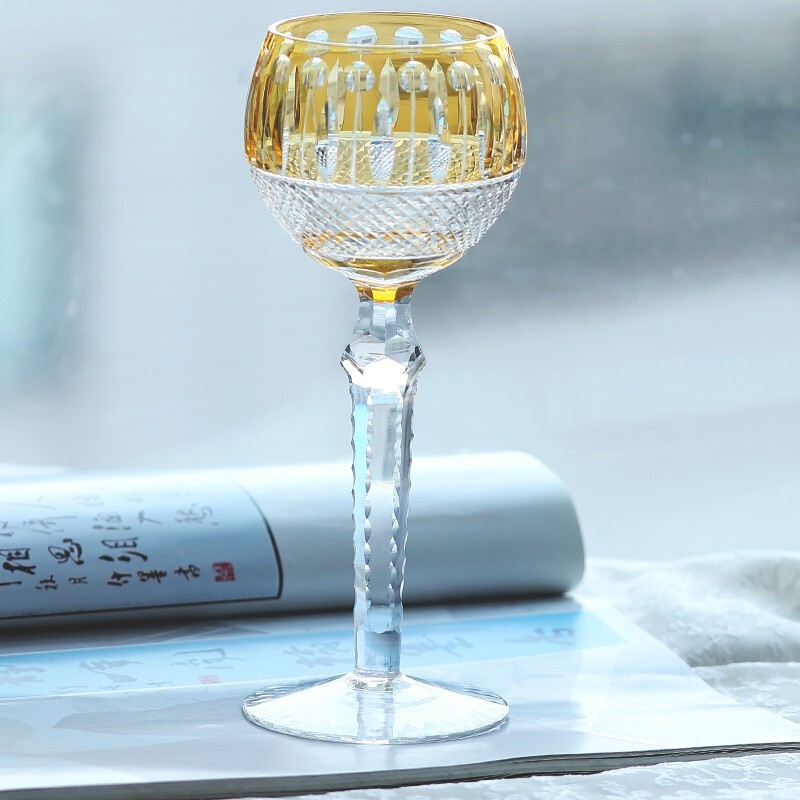 Bohemian Style Yellow Wine Goblet Glasses Hand Cut St.Louis Stemware Gift Pack