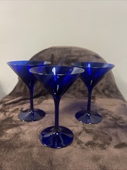 3 Vintage Cobalt Blue Martini Cosmopolitan Cocktail Glasses 8oz Party Barware