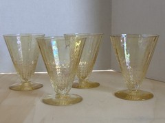4 Vintage Parfait Glasses Yellow/Gold Iridescent Swirl, footed, some tiny chips
