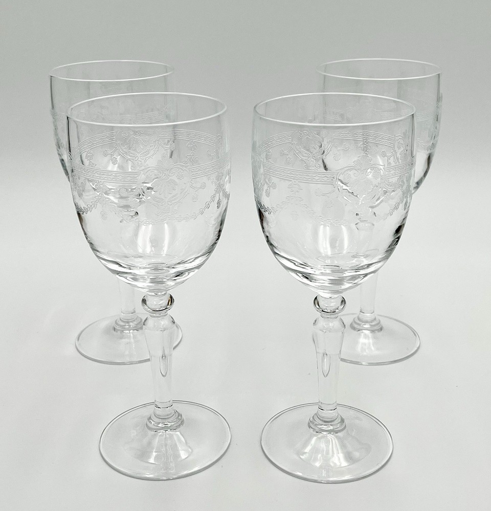 Set of 4 French Ornate Etched Crystal Goblets Cristal D’Arques Durand Dampierre