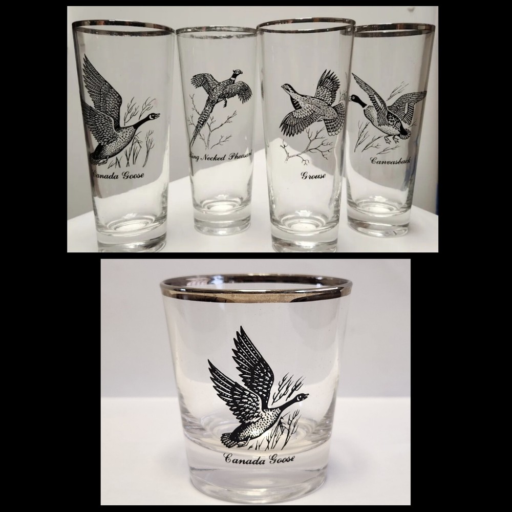 Vintage Federal Silver Rim Fowl High Ball Glasses Set Of 4 And 1 Whiskey Glass
