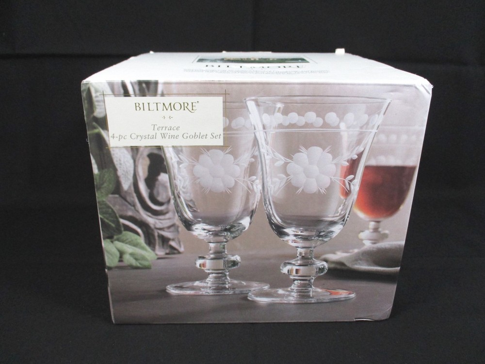 BILTMORE Terrace Collection 4 Piece Etched Crystal Wine Goblet Set 10oz Glasses