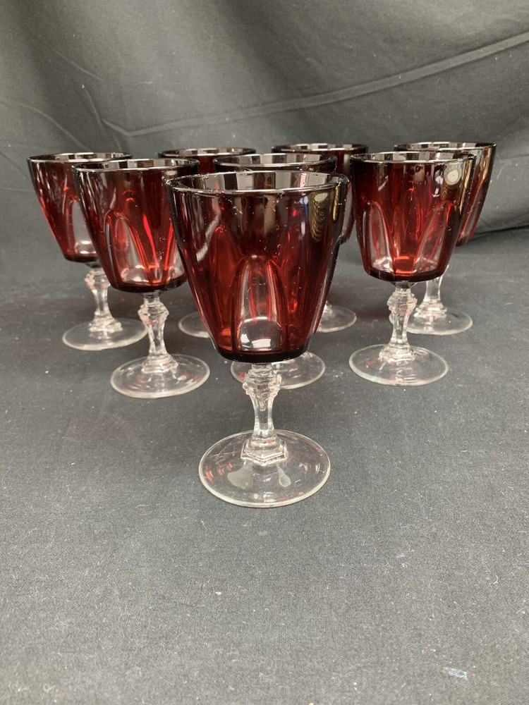 Ruby Wine Glass With Crystal Stem Made In France Set Of 8 Hexagonal Shape