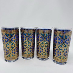 4 Georges Briard Highball Glass MCM Firenza Blue & 22K Gold Italian Renaissance