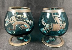 VTG SET 2 BOHEMIAN SILVER OVERLAY SMOKY GREEN BRANDY COGNAC SNIFTERS BIRD WOLF