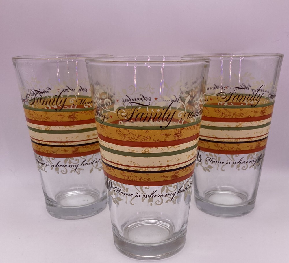 Set Of 3 MCM Libbey FAMILY-HOME-FRIENDS Thanksgiving Glasses 16.2 OZ Excellent