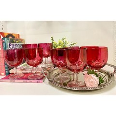 Vintage Cranberry Red Thumbprint Goblets – Mid-Century Coin Dot Glassware, set 9