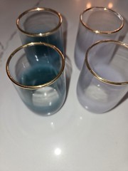 Vintage MCM Blendo Cordial Glasses 3” Set of 4 White/Teal Ombre with Gold Rims