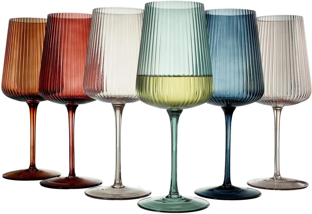 Ripple Colored Wine Glasses Set – 6 Vintage Ribbed Crystal 19 Oz Flutes