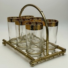 1960s Gold Grape Leaf 5⅝″ Highball Glasses Brass Bamboo Tray 6pc VTG