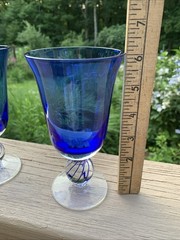 Two Cobalt Blue Wineglasses With Blue Twist Over Clear Stems