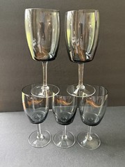 Vintage Danish Modern Mid Century Smoke Gray Clear Stem Glasses Set (5) Barware