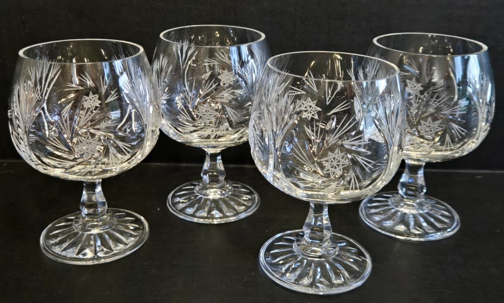 Crystal Brandy Snifters Cut Glass Pinwheel Pattern Set of 4 Stemmed Glasses