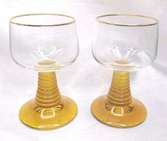 2 Cristal D’Arque Roemer Style Wine Glasses Amber Beehive Stem Gold Rim