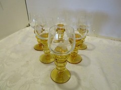 Antique GLASS ROMER type SET 6 goblets amber Etched w/ PRUNTS Bohemian 4 Oz.