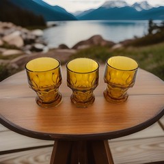 Vintage 1970s Amber Glass Tumblers Set 3 MCM Honeycomb Thumbprint Lowball Rocks