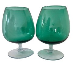 Art Glass Brandy Snifters Green Bowl Clear Stem Set O 2 Hand Blown 5.5″ T 2.5″ W