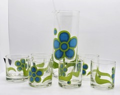 Rare Vintage MCM 7 Piece Colony Blue Peony Cocktail Pitcher & Glasses Mixer Set
