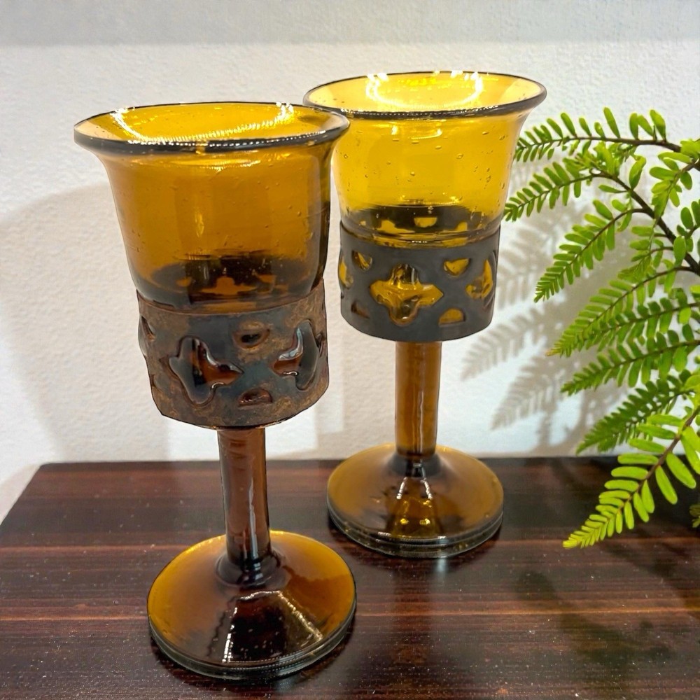 Vintage Brutalist Amber Glass Candle Holders Goblets Hand Blown Metal Wrap