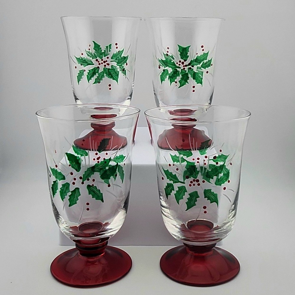 Set 4 Vintage GORHAM Red Footed Festive Holly Goblets All Purpose Water Glasses